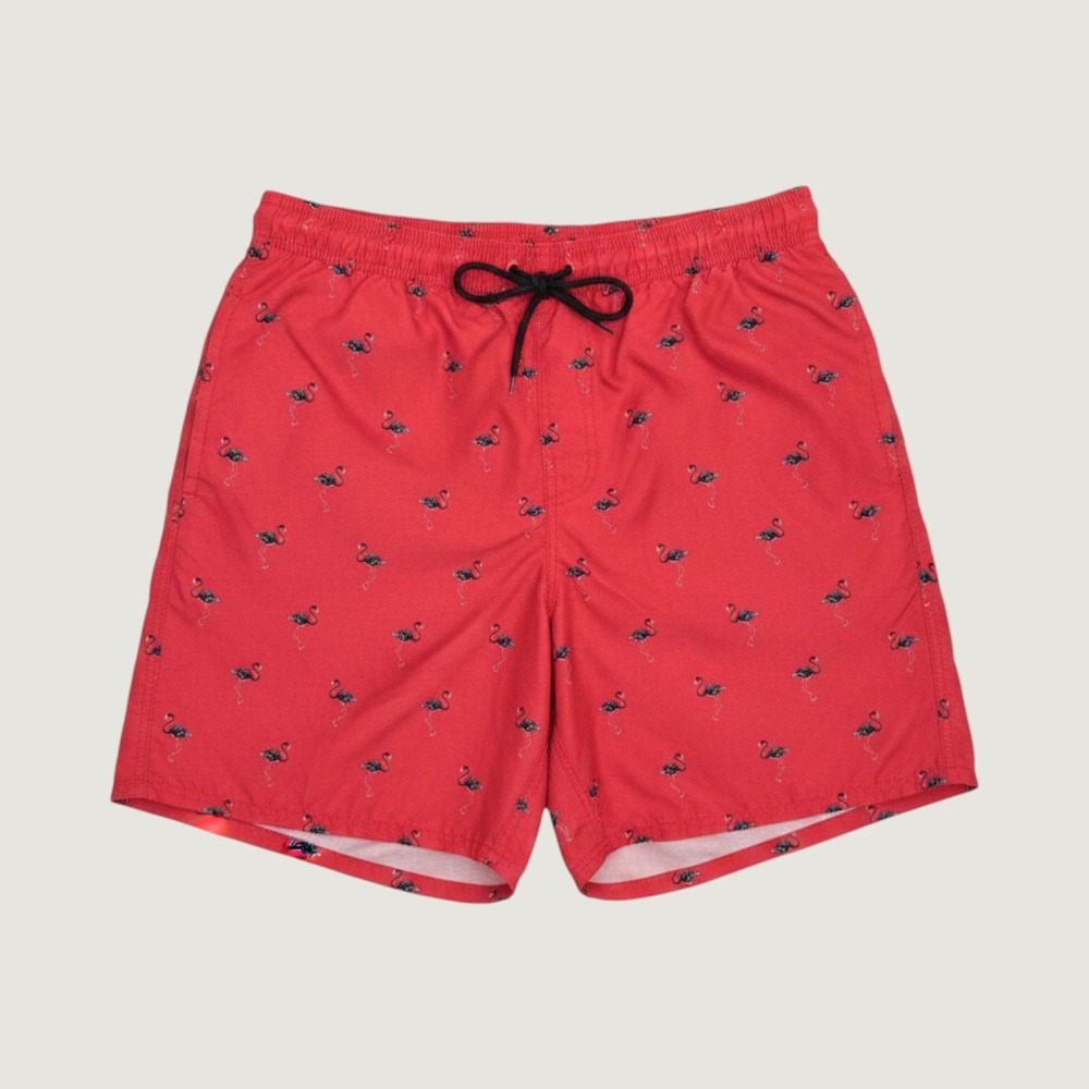 Rugby University Mens Red Flamingo Print Swim Trunks Mesh Lined Size L